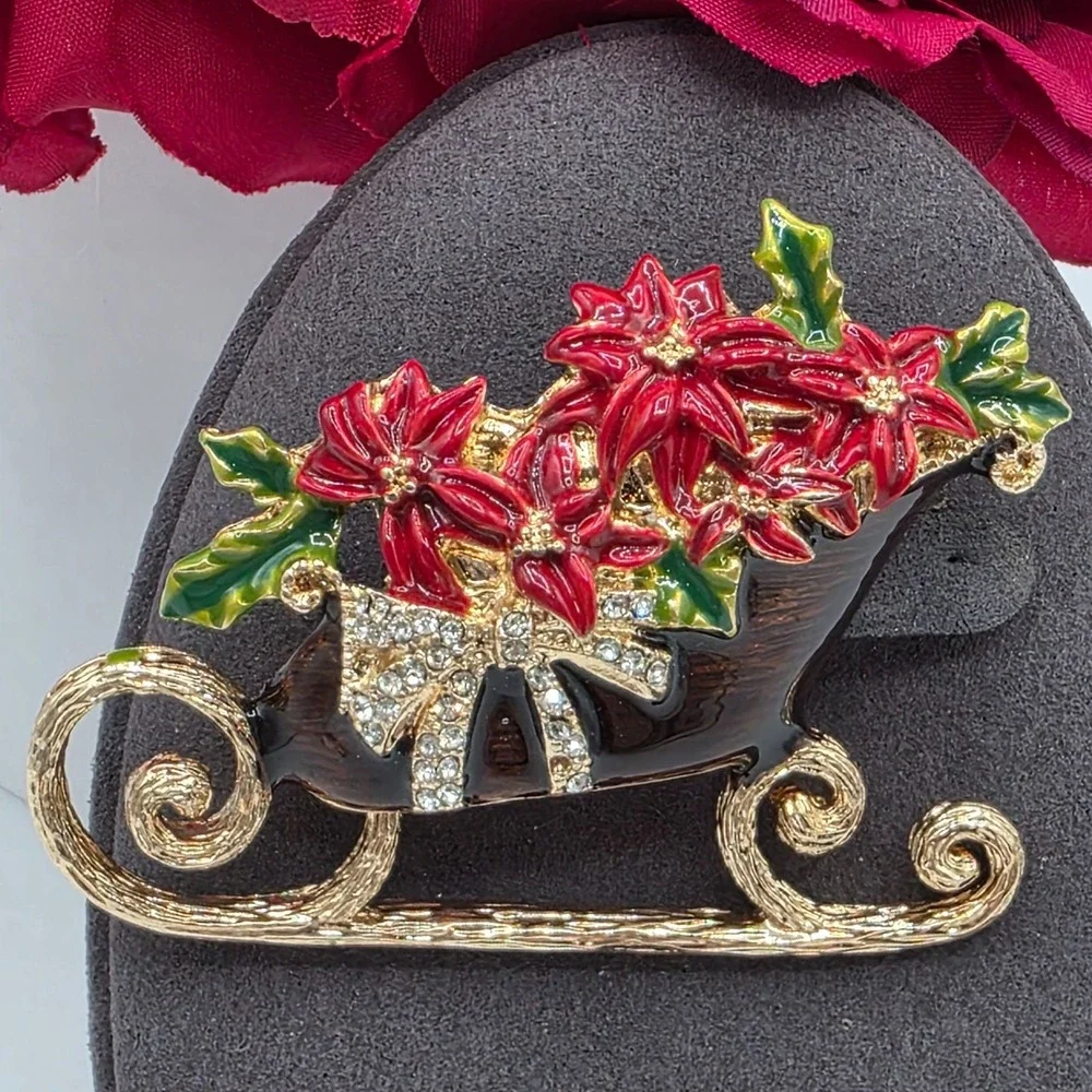 Vintage Anne Klein Christmas Sleigh Poinsettia Brooch Enamel Rhinestones Holiday